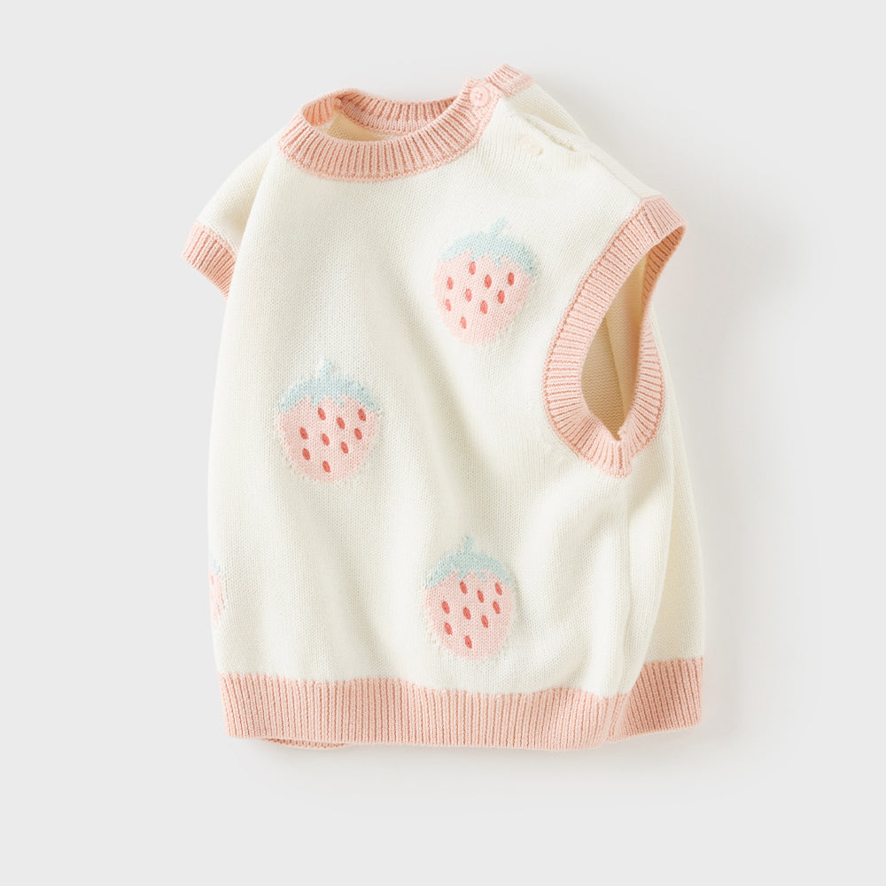 Dave&Bella Toddler Girls Pink Soft Strawberry Jacquard Knit Sleeveless Outwear Vests