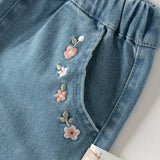 Dave&Bella Toddler Girls Denim Blue Floral Embroidery Straight-Leg Jeans