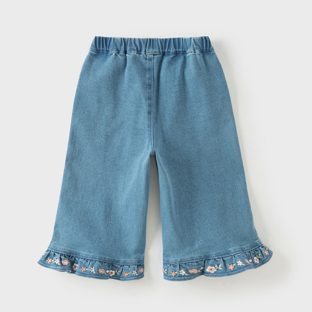 Dave&Bella Toddler Girls Denim Blue Floral Embroidery Straight-Leg Jeans