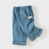 Dave&Bella Toddler Girls Denim Blue Floral Embroidery Straight-Leg Jeans