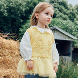 Dave&Bella Toddler Girls Light Yellow Floral Jacquard Mesh Hem Knit Cozy Cotton Vests