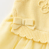 Dave&Bella Toddler Girls Light Yellow Floral Jacquard Mesh Hem Knit Cozy Cotton Vests