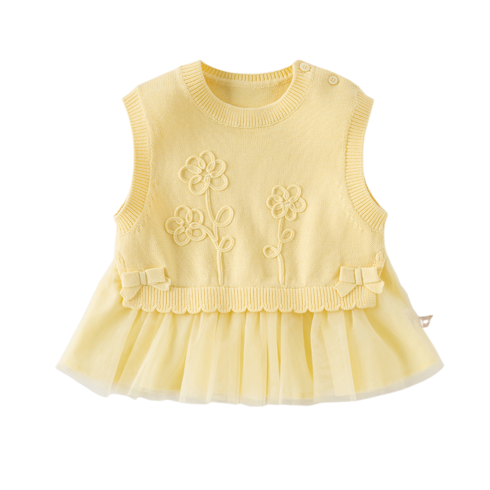 Dave&Bella Toddler Girls Light Yellow Floral Jacquard Mesh Hem Knit Cozy Cotton Vests