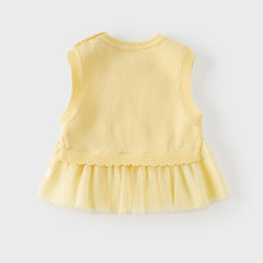 Dave&Bella Toddler Girls Light Yellow Floral Jacquard Mesh Hem Knit Cozy Cotton Vests