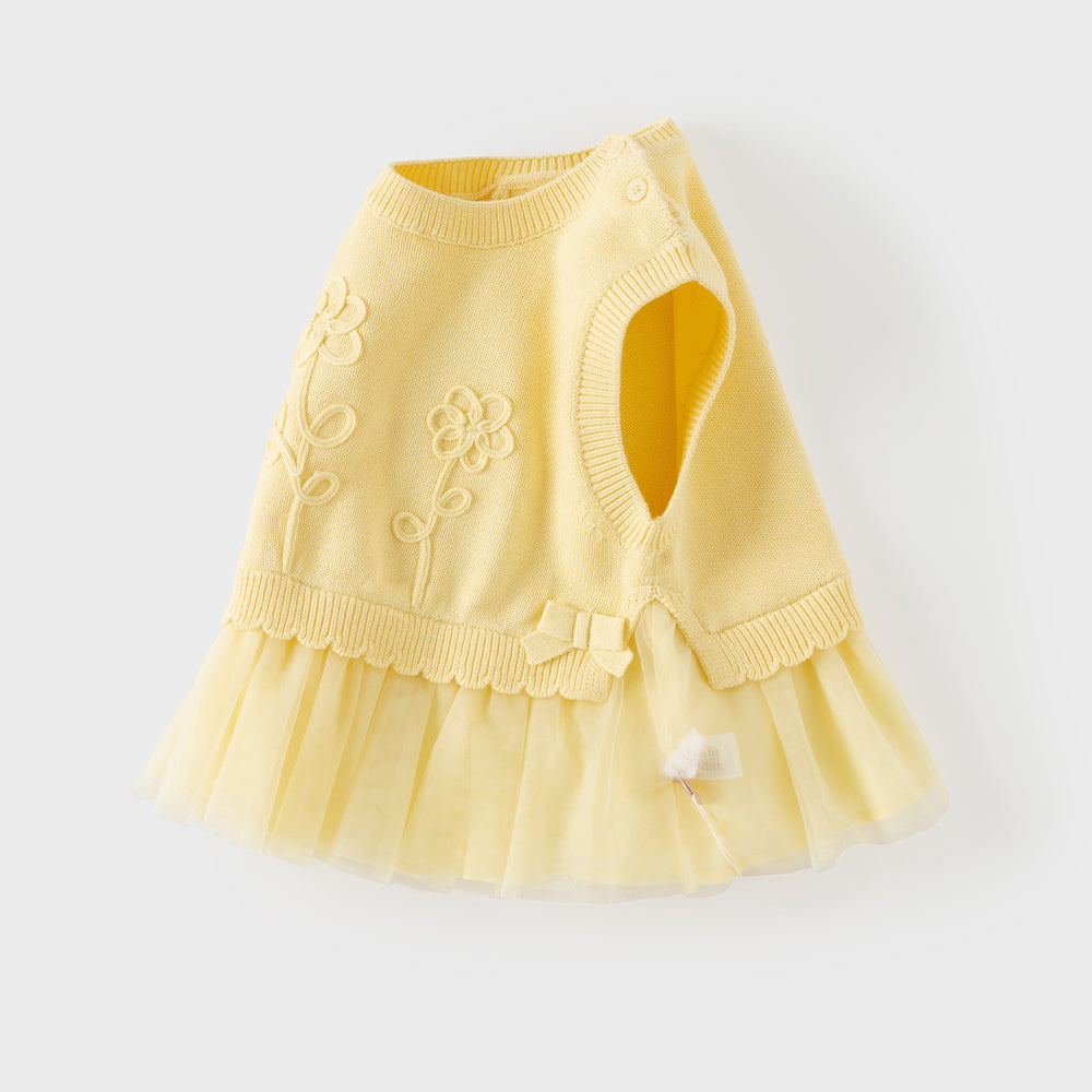 Dave&Bella Toddler Girls Light Yellow Floral Jacquard Mesh Hem Knit Cozy Cotton Vests