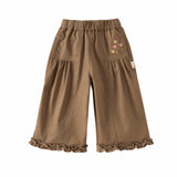 Dave&Bella Toddler Girls Purple/Brown Cozy Ruffle Floral Embroidery Wide Leg Pants