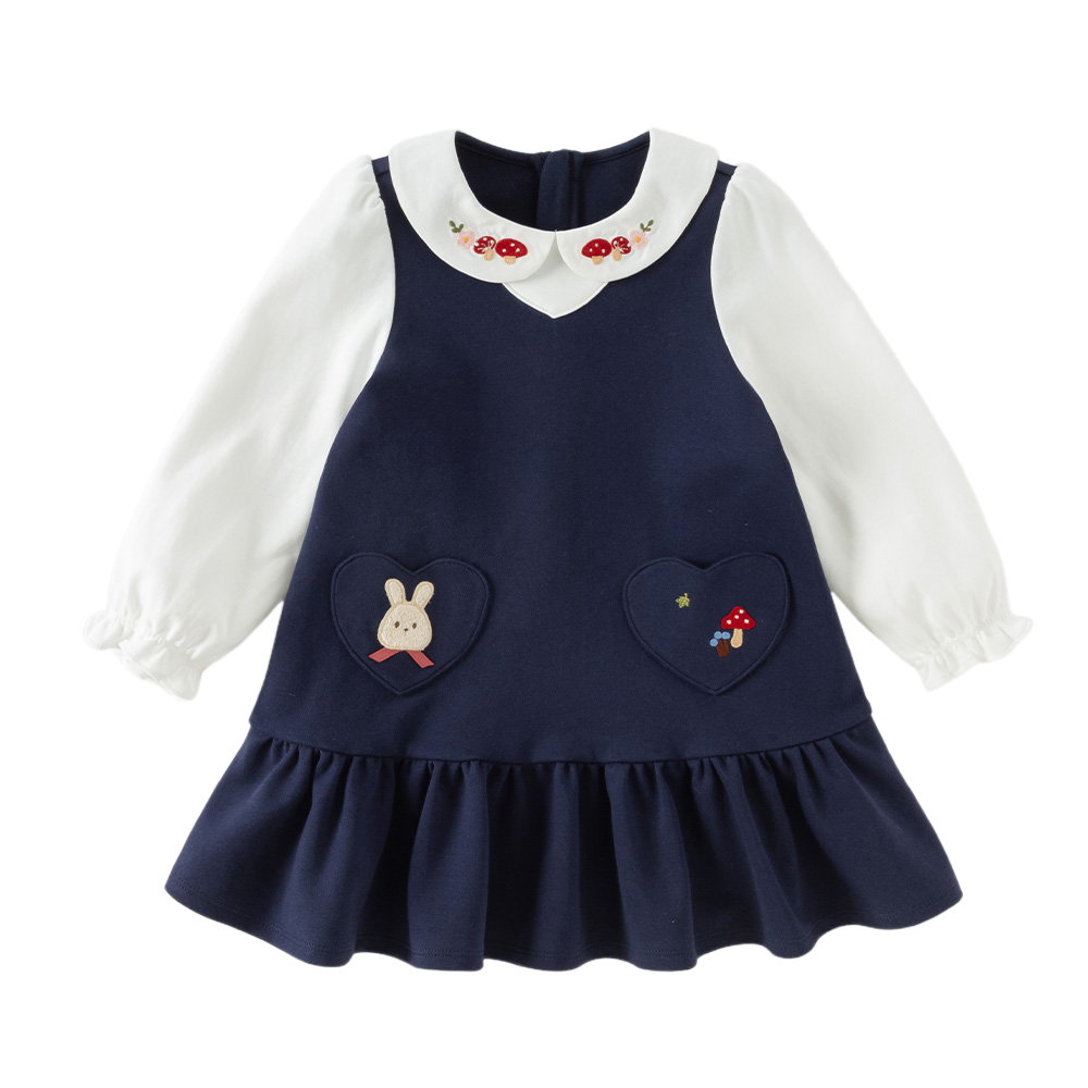 Dave&Bella Toddler Girls Navy Long Sleeve Cute Embroidery A-line Dress