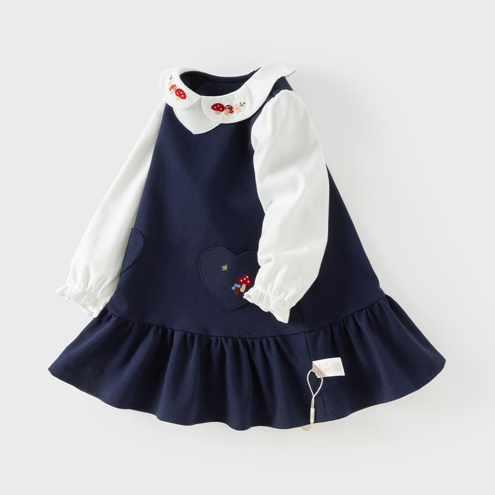 Dave&Bella Toddler Girls Navy Long Sleeve Cute Embroidery A-line Dress