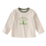 Dave&Bella Toddler Boys Beige Cute Green Print Classic Soft Long Sleeve T-shirts