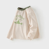 Dave&Bella Toddler Boys Beige Cute Green Print Classic Soft Long Sleeve T-shirts
