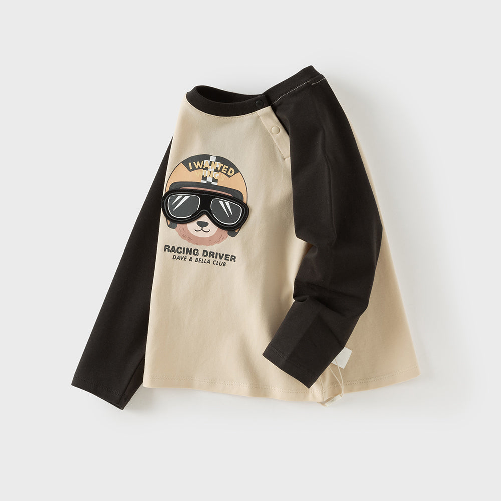 Dave&Bella Toddler Boys Apricot Design Bear Print Long Sleeve Soft T-shirts