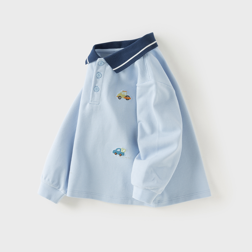 Dave&Bella Toddler Boys Blue Classic Simple Car Embroidery Soft Polos