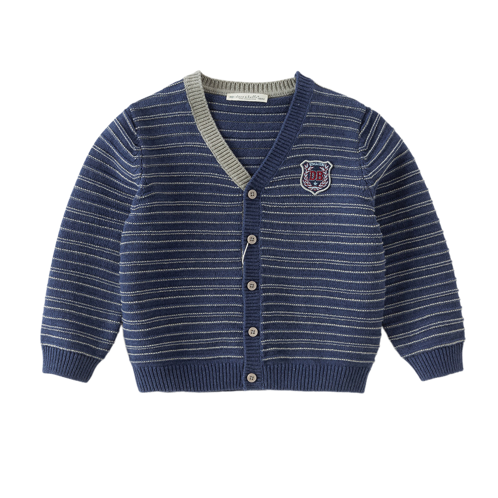 Dave&Bella Kid Boys Sea Blue Striped Classic Casual V-neck Versatile Cardigans