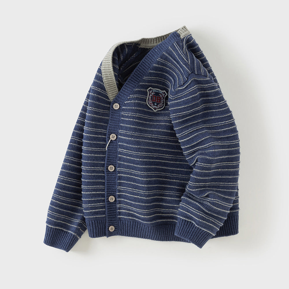 Dave&Bella Kid Boys Sea Blue Striped Classic Casual V-neck Versatile Cardigans