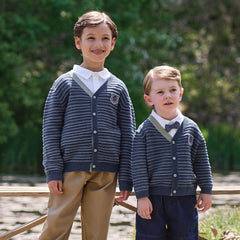 Dave&Bella Kid Boys Sea Blue Striped Classic Casual V-neck Versatile Cardigans