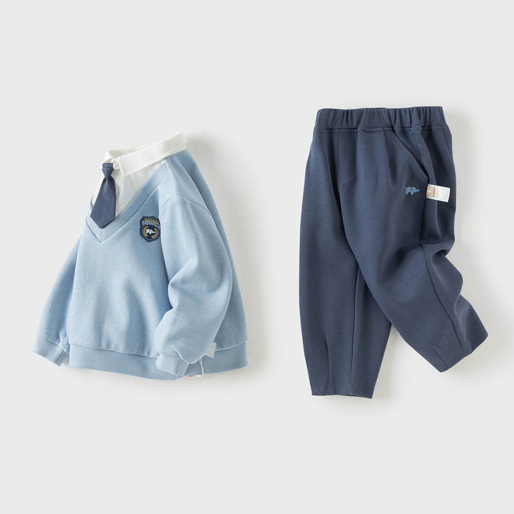 Dave&Bella Toddler Boys Blue Polo Collar Preppy Style Simple Pant Suits