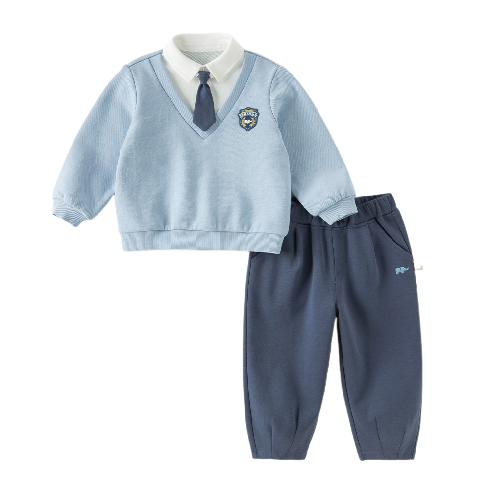 Dave&Bella Toddler Boys Blue Polo Collar Preppy Style Simple Pant Suits