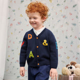 Dave&Bella Toddler Boys Navy Letter Jacquard V-neck Soft Cozy Cardigans