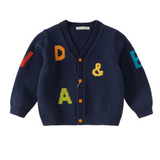 Dave&Bella Toddler Boys Navy Letter Jacquard V-neck Soft Cozy Cardigans