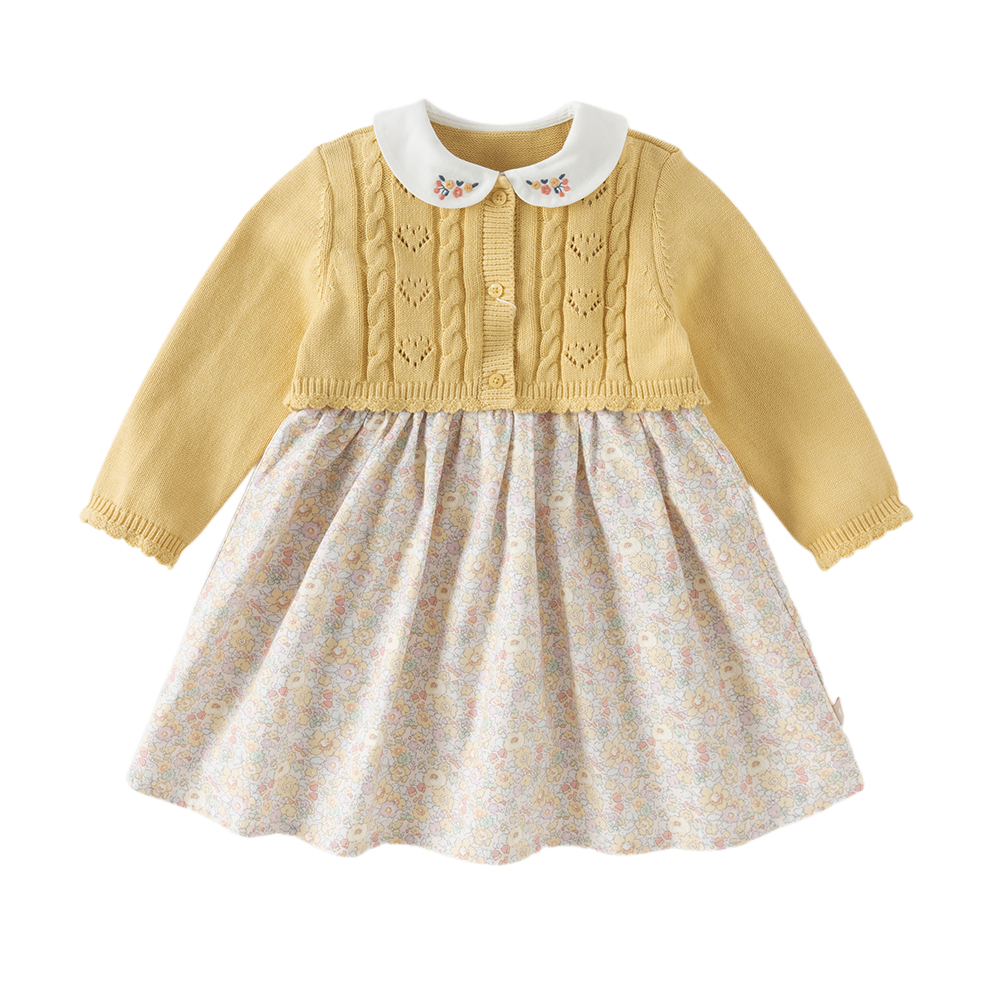Dave&Bella Toddler Girls Yellow Floral Mock Two-Piece Doll Collar A-line Dress