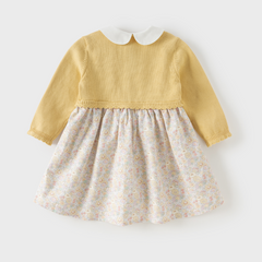 Dave&Bella Toddler Girls Yellow Floral Mock Two-Piece Doll Collar A-line Dress
