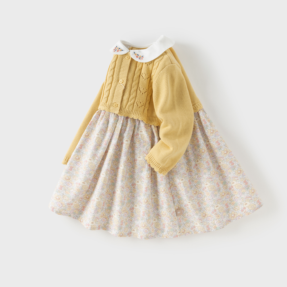 Dave&Bella Toddler Girls Yellow Floral Mock Two-Piece Doll Collar A-line Dress