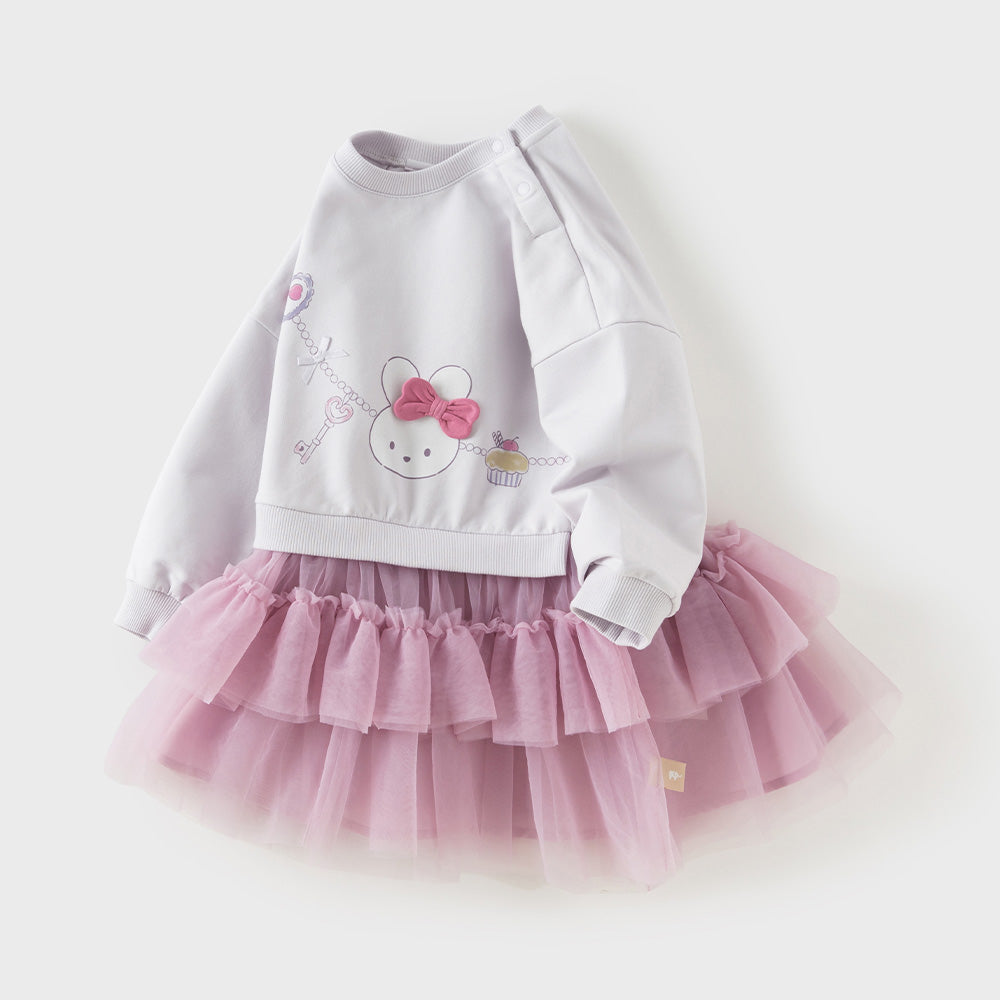 Dave&Bella Toddler Girls Purple Cute Rabbit Print Long Sleeve Mesh Skirt Suits