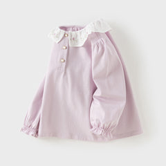 Dave&Bella Toddler Girls White/Purple Doll Collar Cotton Soft Breathable T-shirts