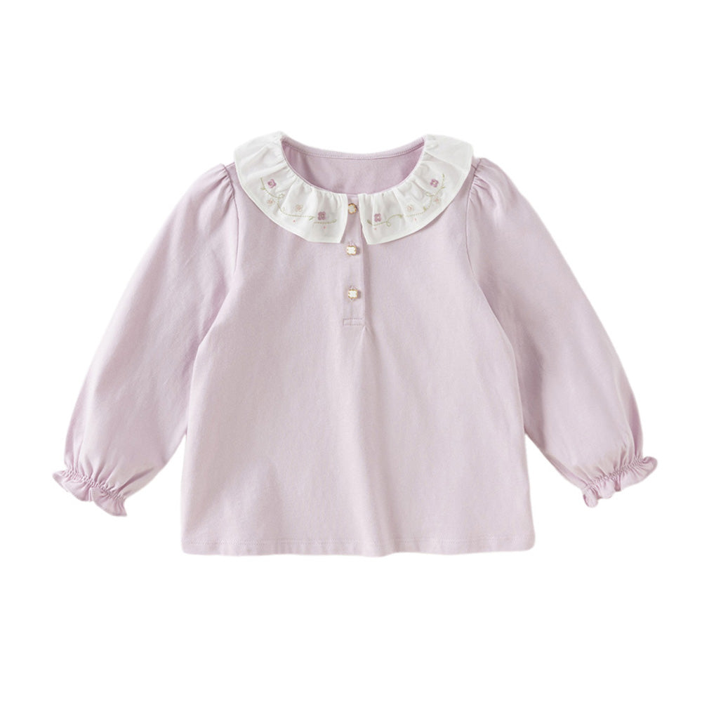 Dave&Bella Toddler Girls White/Purple Doll Collar Cotton Soft Breathable T-shirts