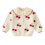 Dave&Bella Toddler Girls White Cherry Jacquard Doll Collar Comfortable Cardigans