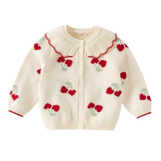 Dave&Bella Toddler Girls White Cherry Jacquard Doll Collar Comfortable Cardigans