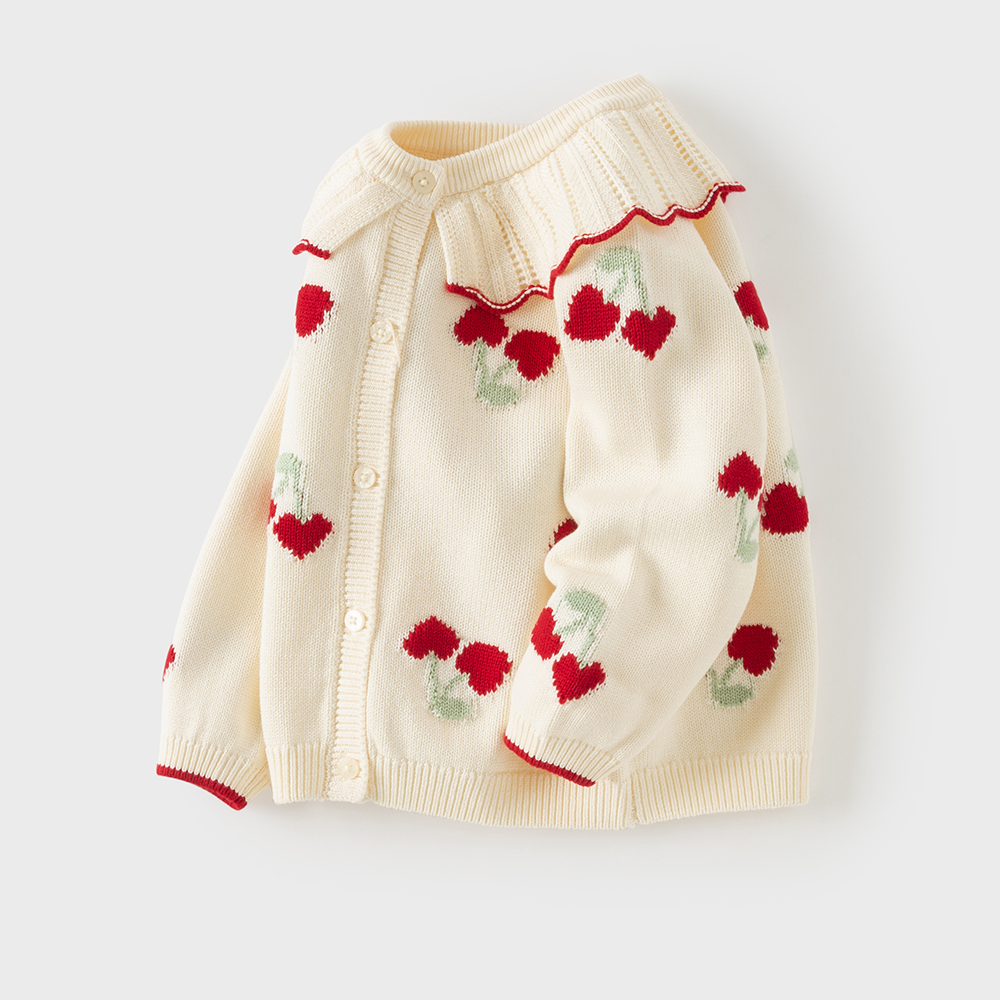 Dave&Bella Toddler Girls White Cherry Jacquard Doll Collar Comfortable Cardigans
