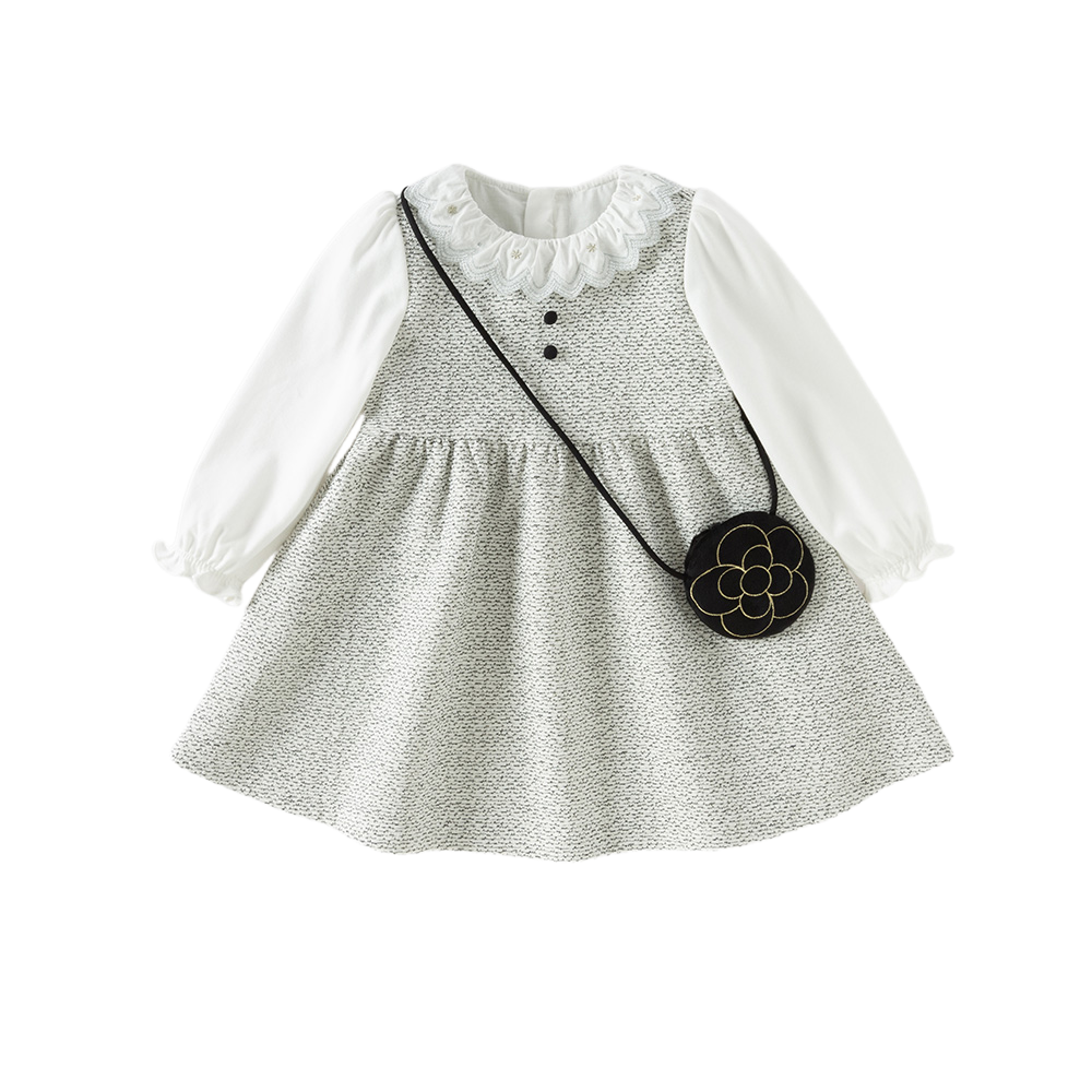 Dave&Bella Toddler Girls Grey Long Sleeve Doll Collar Comfortable A-line Dress