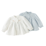 Dave&Bella Toddler Girls White/Light Blue Elegant Ruffle Details Cozy Cotton T-shirts