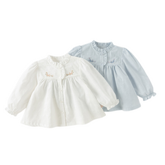 Dave&Bella Toddler Girls White/Light Blue Elegant Ruffle Details Cozy Cotton T-shirts