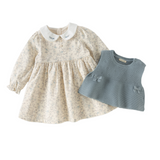Dave&Bella Toddler Girls Blue Floral Print Doll Collar Two-piece Set Soft Cotton Party Dress
