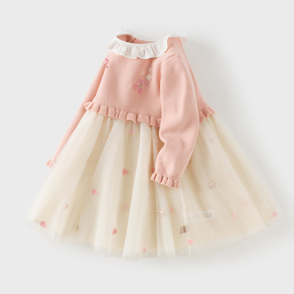 Dave&Bella Toddler Girls Pink Charming Print Doll Collar Party Soft Cozy Mesh A-line Dress