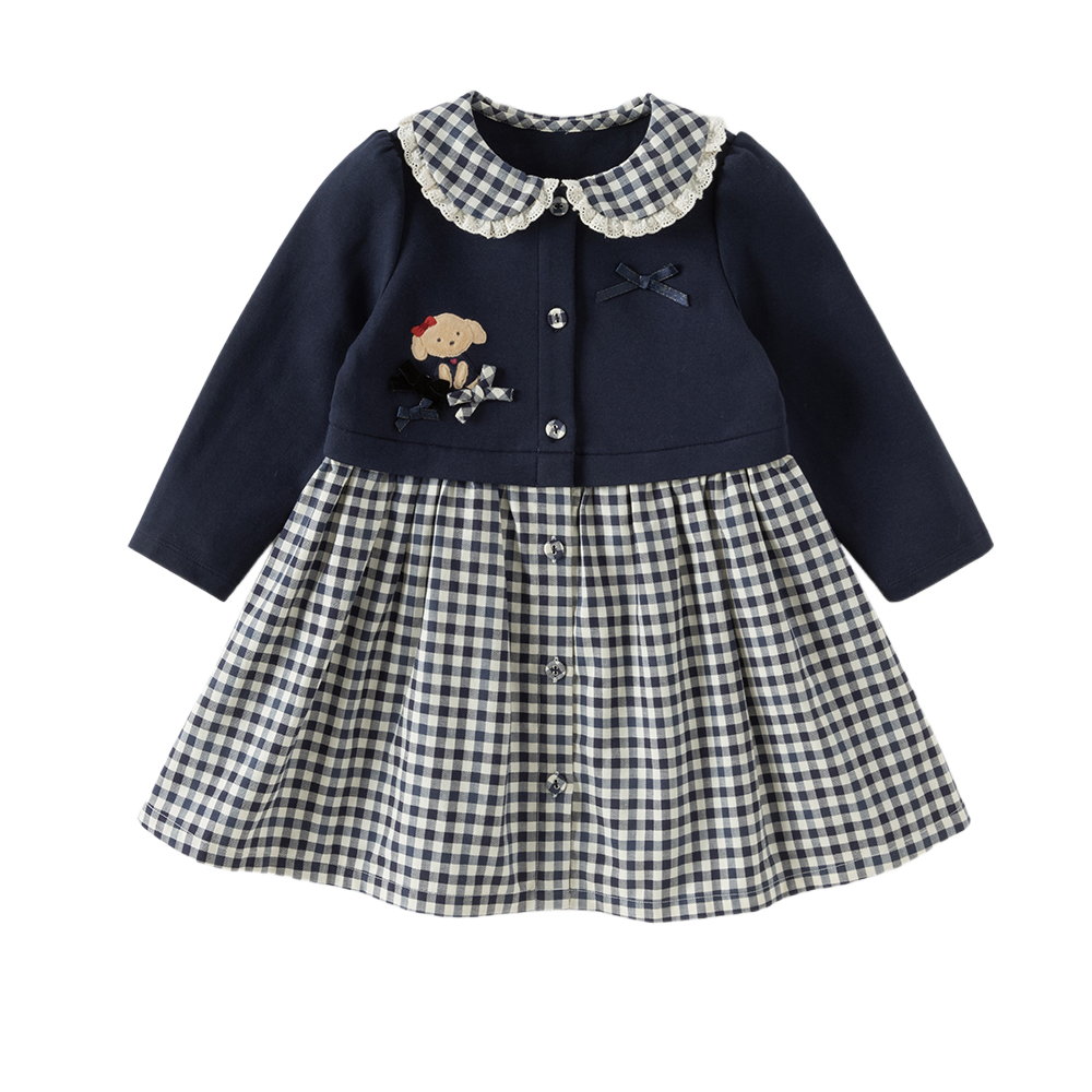 Dave&Bella Toddler Girls Navy Plaid Cute Print Doll Collar A-line Cozy Comfortable Dress