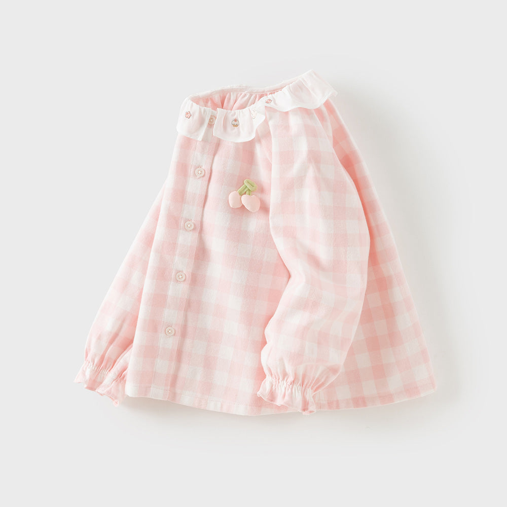 Dave&Bella Toddler Girls Pink White Plaid Sweet Doll Collar Soft Cotton Shirts
