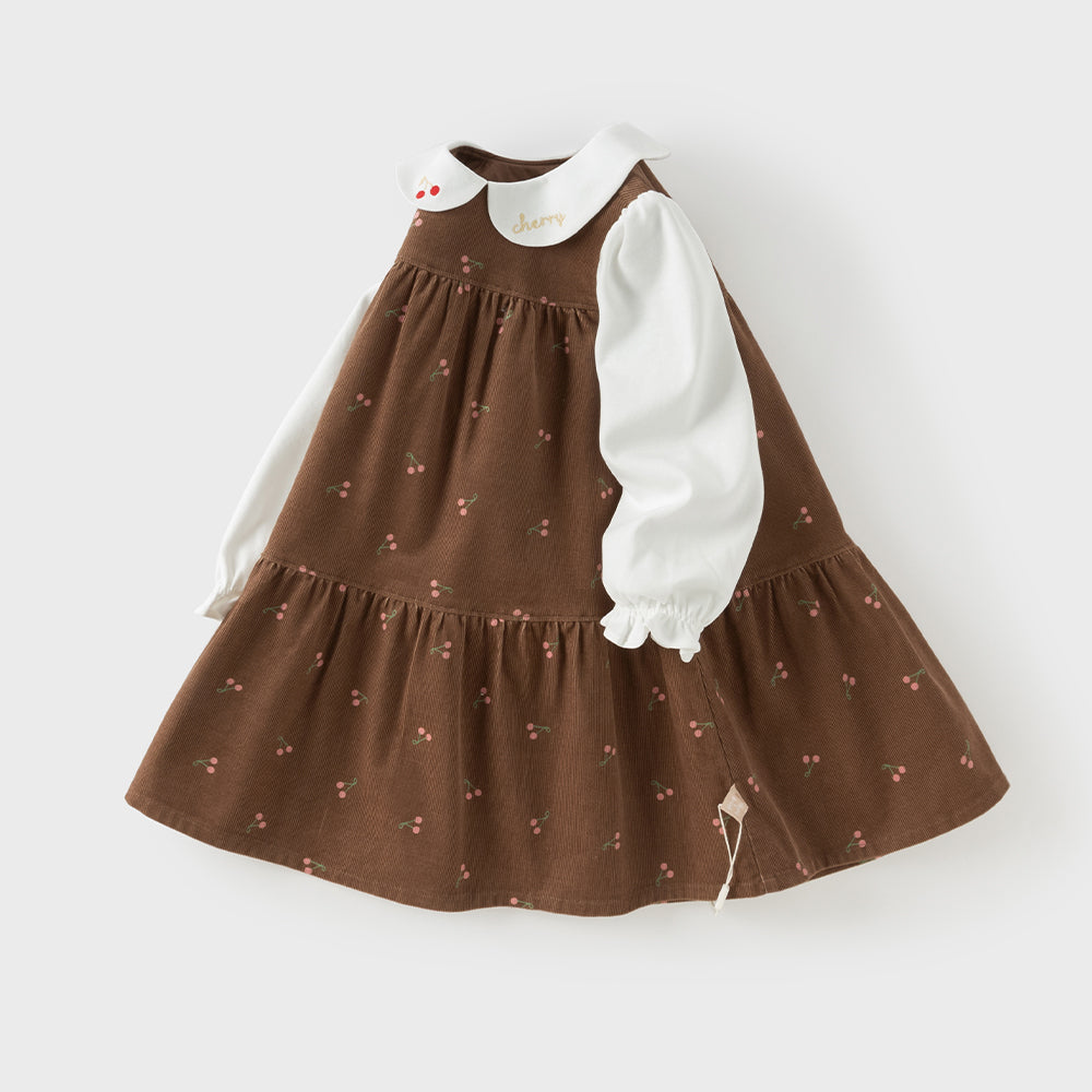 Dave&Bella Toddler Girls Brown Cherry Print Doll Collar Cozy Cotton A-line Dress