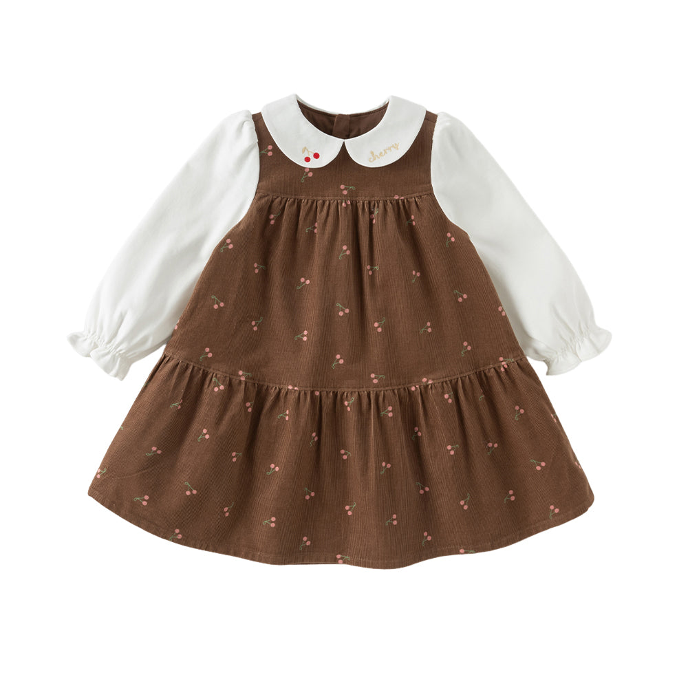 Dave&Bella Toddler Girls Brown Cherry Print Doll Collar Cozy Cotton A-line Dress