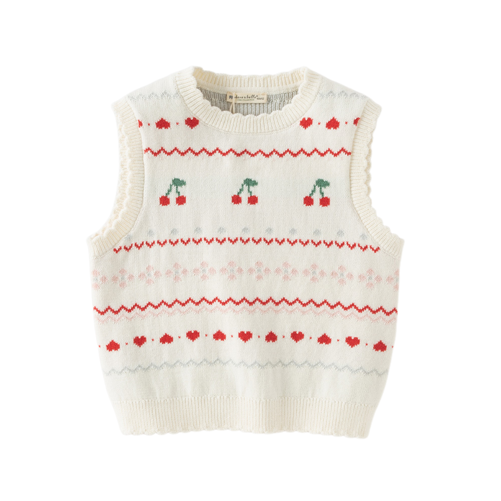 Dave&Bella Kid Girls Beige Cherry & Heart Jacquard Cotton Sleeveless Vests