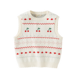 Dave&Bella Kid Girls Beige Cherry & Heart Jacquard Cotton Sleeveless Vests