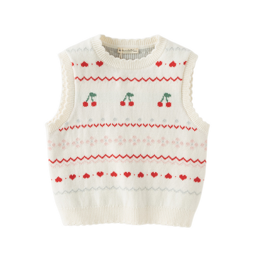 Dave&Bella Kid Girls Beige Cherry & Heart Jacquard Cotton Sleeveless Vests