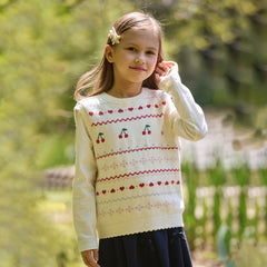 Dave&Bella Kid Girls Beige Cherry & Heart Jacquard Cotton Sleeveless Vests