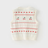 Dave&Bella Kid Girls Beige Cherry & Heart Jacquard Cotton Sleeveless Vests