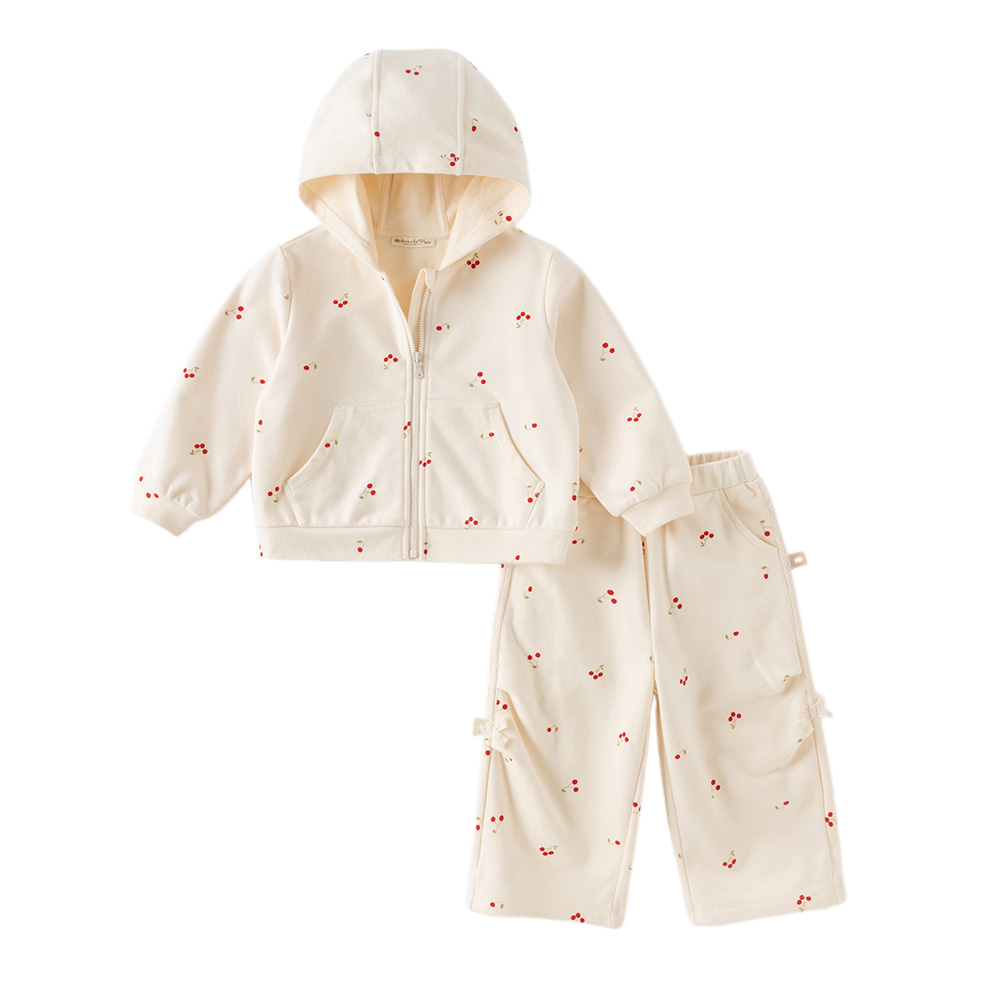 Dave&Bella Toddler Girls Beige Cherry Print Comfortable Hooded Pant Suits