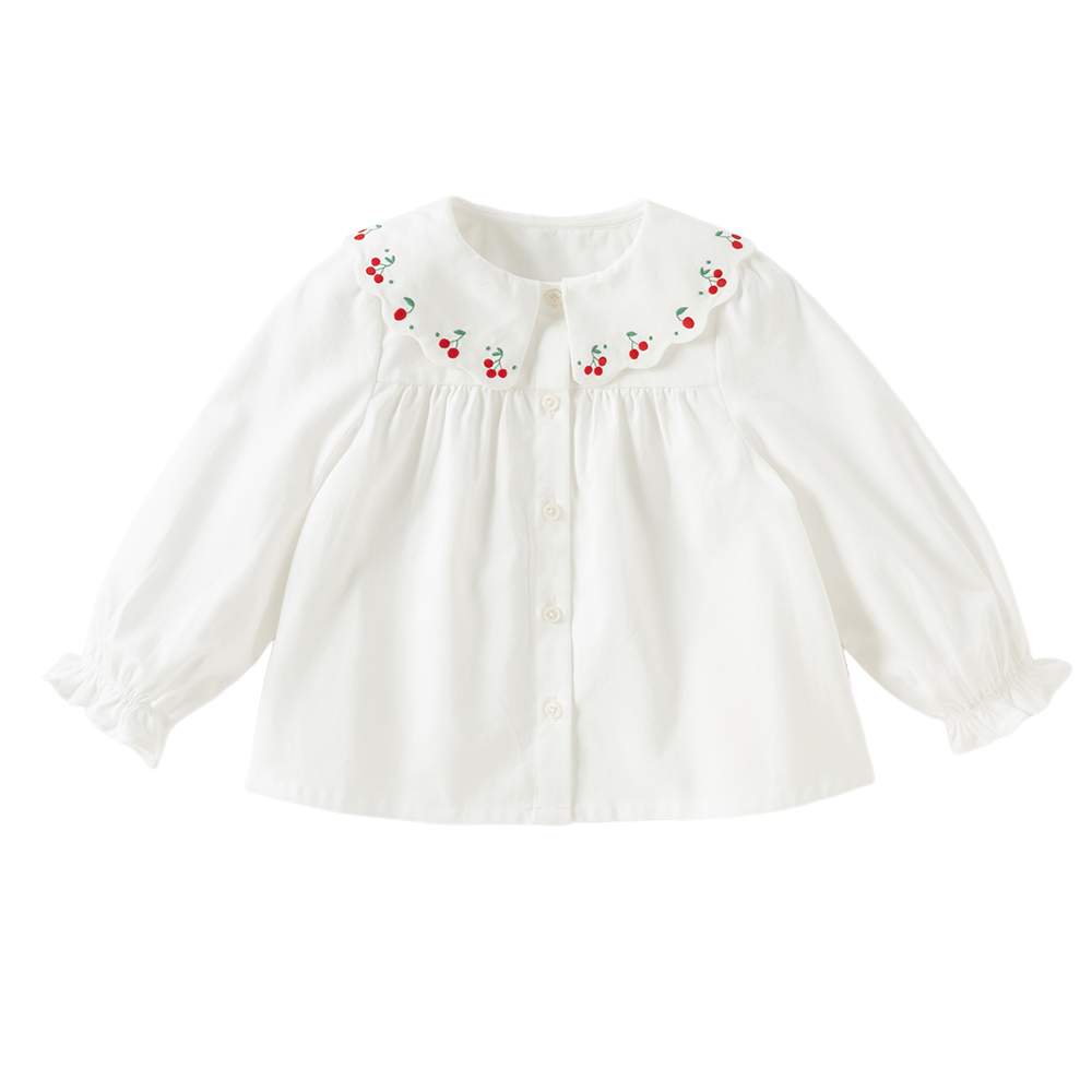Dave&Bella Toddler Girls Beige Cherry Embroidery Doll Collar Cozy Cotton Shirts