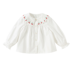 Dave&Bella Toddler Girls Beige Cherry Embroidery Doll Collar Cozy Cotton Shirts