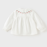 Dave&Bella Toddler Girls Beige Cherry Embroidery Doll Collar Cozy Cotton Shirts